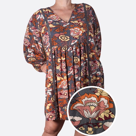 Rusttydustty Dresses & Skirts - Boho Crochet Trim 100% Viscose XXL 2X Slate Teal Orange Floral Mini Dress